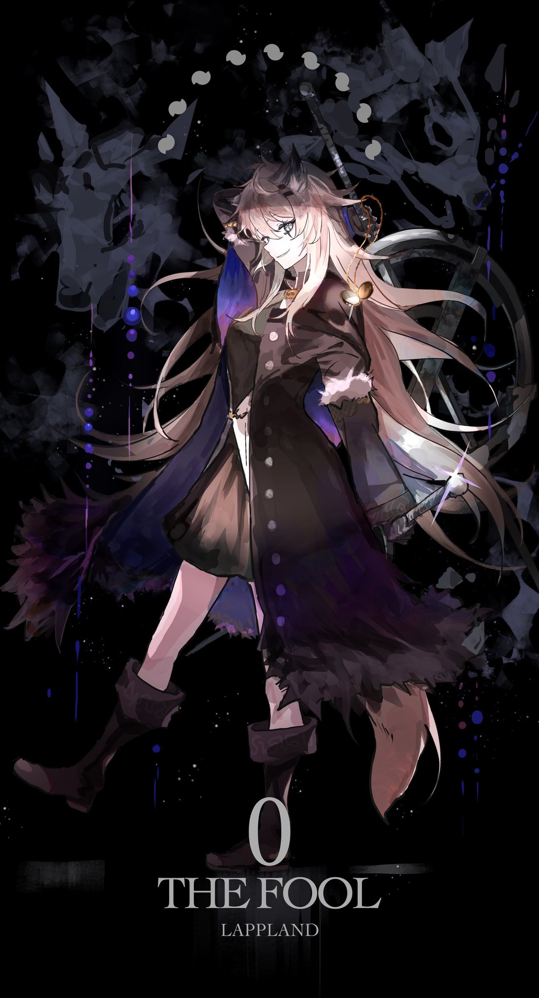 1girl, animal_ears, arknights, arm_up, black_coat, black_footwear, black_skirt, blue_eyes, boots, coat, commentary, english_commentary, english_text, fur-trimmed_coat, fur_trim, grey_hair, highres, holding, holding_sword, holding_weapon, kasumi_yuzuha, lappland_(arknights), lappland_(refined_horrormare)_(arknights), lens_flare, long_hair, long_sleeves, scar, scar_across_eye, shirt, simple_background, skirt, solo, sword, tail, tarot, weapon, white_shirt, wolf, wolf_ears, wolf_girl, wolf_tail