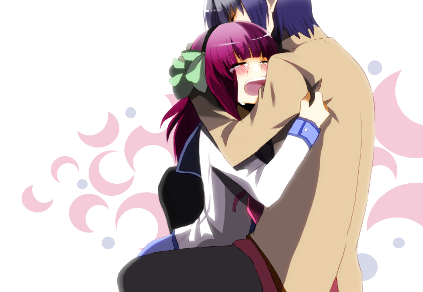 1girl, angel_beats!, bad_id, blazer, blue_hair, bow, closed_eyes, comforting