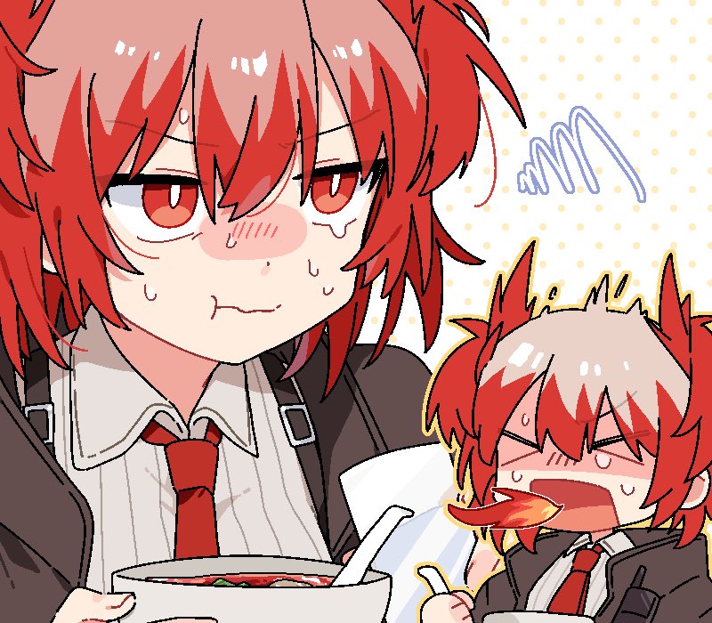 >_<, 1girl, :t, arknights, black_jacket, breathing_fire, bright_pupils, chibi