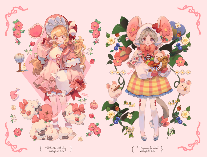 2girls, acorn, animal_ear_hood, animal_ears, artist_name, basket, blonde_hair, blue_flower