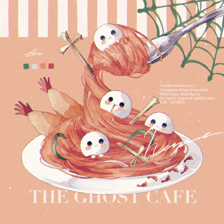 :>, blue_eyes, blush_stickers, closed_mouth, commentary, cross, eating, english_text