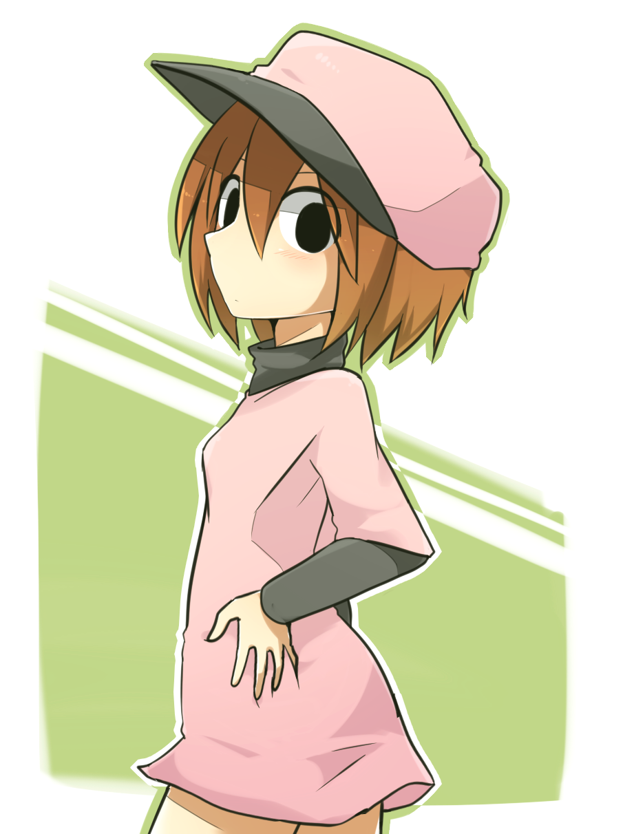 1girl, androgynous, baseball_cap, black_eyes, black_undershirt, breasts, brown_hair, closed_mouth
