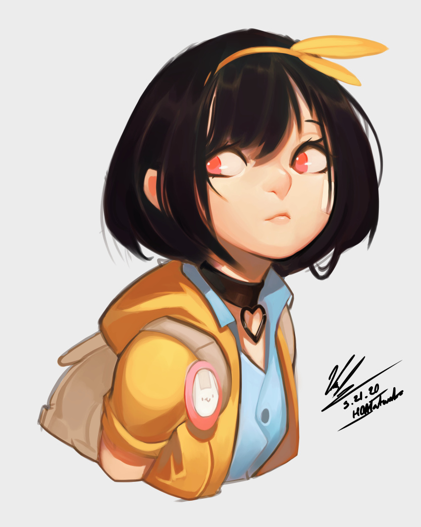 1girl, absurdres, artist_name, backpack, bag, bandaid, bandaid_on_face, black_choker