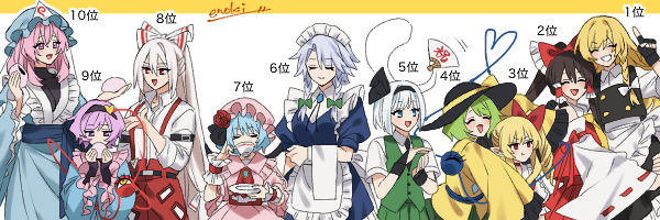 6+girls, apron, ascot, bat_wings, black_hairband, black_headwear, blonde_hair, blue_dress, blue_hair, blue_headwear, blue_kimono, blue_shirt, blush, bow, braid, brown_hair, carrying, carrying_person, child_carry, closed_mouth, commentary_request, cup, detached_sleeves, dress, eating, enoki_3106, eyeball, flandre_scarlet, food, frilled_bow, frilled_hair_tubes, frilled_shirt_collar, frilled_sleeves, frills, fujiwara_no_mokou, ghost, green_hair, green_skirt, green_vest, grey_hair, hair_between_eyes, hair_bow, hair_ornament, hair_tubes, hairband, hakurei_reimu, hand_fan, hat, hat_ribbon, heart, heart_hair_ornament, heart_of_string, holding, holding_cup, holding_fan, holding_food, hug, hug_from_behind, izayoi_sakuya, japanese_clothes, kimono, kirisame_marisa, komeiji_koishi, komeiji_satori, konpaku_youmu, konpaku_youmu_(ghost), long_hair, long_sleeves, looking_at_another, maid, maid_apron, maid_headdress, mob_cap, multiple_girls, ofuda, ofuda_on_clothes, open_mouth, pants, partial_commentary, pink_eyes, pink_hair, pink_headwear, poll, pout, purple_hair, red_ascot, red_bow, red_eyes, red_pants, remilia_scarlet, ribbon, saigyouji_yuyuko, shirt, short_hair, short_sleeves, siblings, side_braid, signature, simple_background, single_braid, sisters, skirt, smile, suspenders, tea, third_eye, touhou, triangular_headpiece, twin_braids, very_long_hair, vest, violet_eyes, waist_apron, white_hair, white_shirt, wide_sleeves, wings, wrist_cuffs, yellow_ascot, yellow_shirt