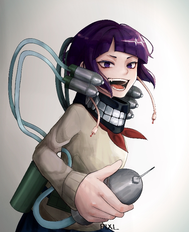 1girl, :d, artist_name, audio_jack, bandana, black_bandana, blue_skirt, blunt_bangs, bob_cut, boku_no_hero_academia, cosplay, foreshortening, from_side, holding, holding_syringe, hose, incoming_attack, inverted_bob, jirou_kyouka, long_earlobes, long_sleeves, looking_at_viewer, mask, messy_hair, military_vehicle, motor_vehicle, naoetsu_high_school_uniform, neckerchief, open_mouth, pixl_child, purple_hair, red_neckerchief, school_uniform, short_hair, signature, simple_background, skirt, smile, solo, sweater, syringe, tank, teeth, toga_himiko, toga_himiko_(cosplay), upper_body, v-shaped_eyebrows, violet_eyes, white_background, white_bag, yellow_sweater