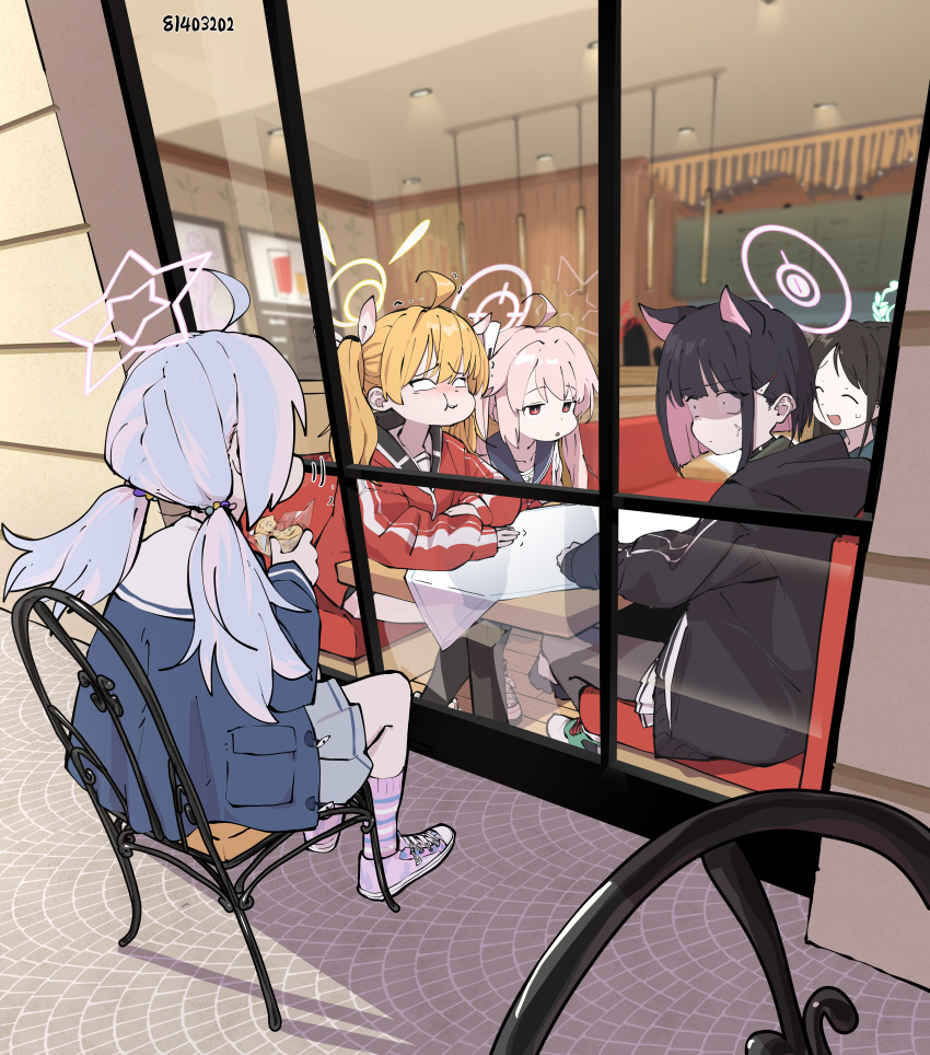 5girls, absurdres, after-school_sweets_club_(blue_archive), ahoge, airi_(blue_archive), anger_vein, animal_ears, beads