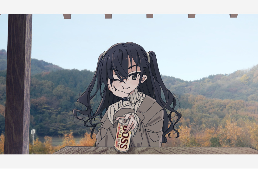 1girl, black_eyes, black_hair, can, eezee56, highres, holding, holding_can