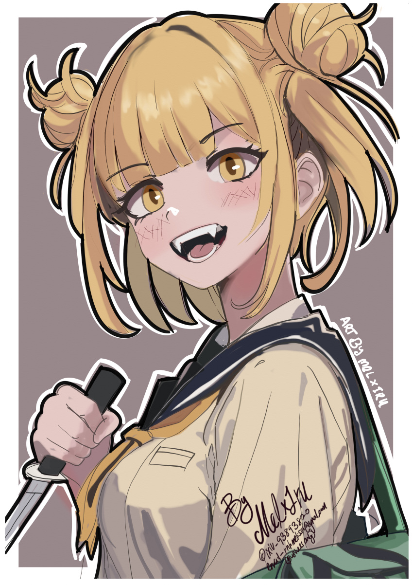 1girl, :d, absurdres, artist_name, bag, blonde_hair, blue_sailor_collar, blunt_bangs, blush, boku_no_hero_academia, breasts, brown_background, cardigan, combat_knife, commentary, double_bun, english_commentary, fangs, from_side, green_bag, hair_bun, hair_up, highres, holding, holding_knife, holding_weapon, knife, looking_at_viewer, medium_breasts, melissa_2.0, messy_hair, mixed-language_commentary, neckerchief, open_mouth, outline, outside_border, pixiv_id, reverse_grip, sailor_collar, school_bag, school_uniform, signature, simple_background, smile, solo, teeth, toga_himiko, weapon, white_outline, yellow_cardigan, yellow_eyes, yellow_neckerchief