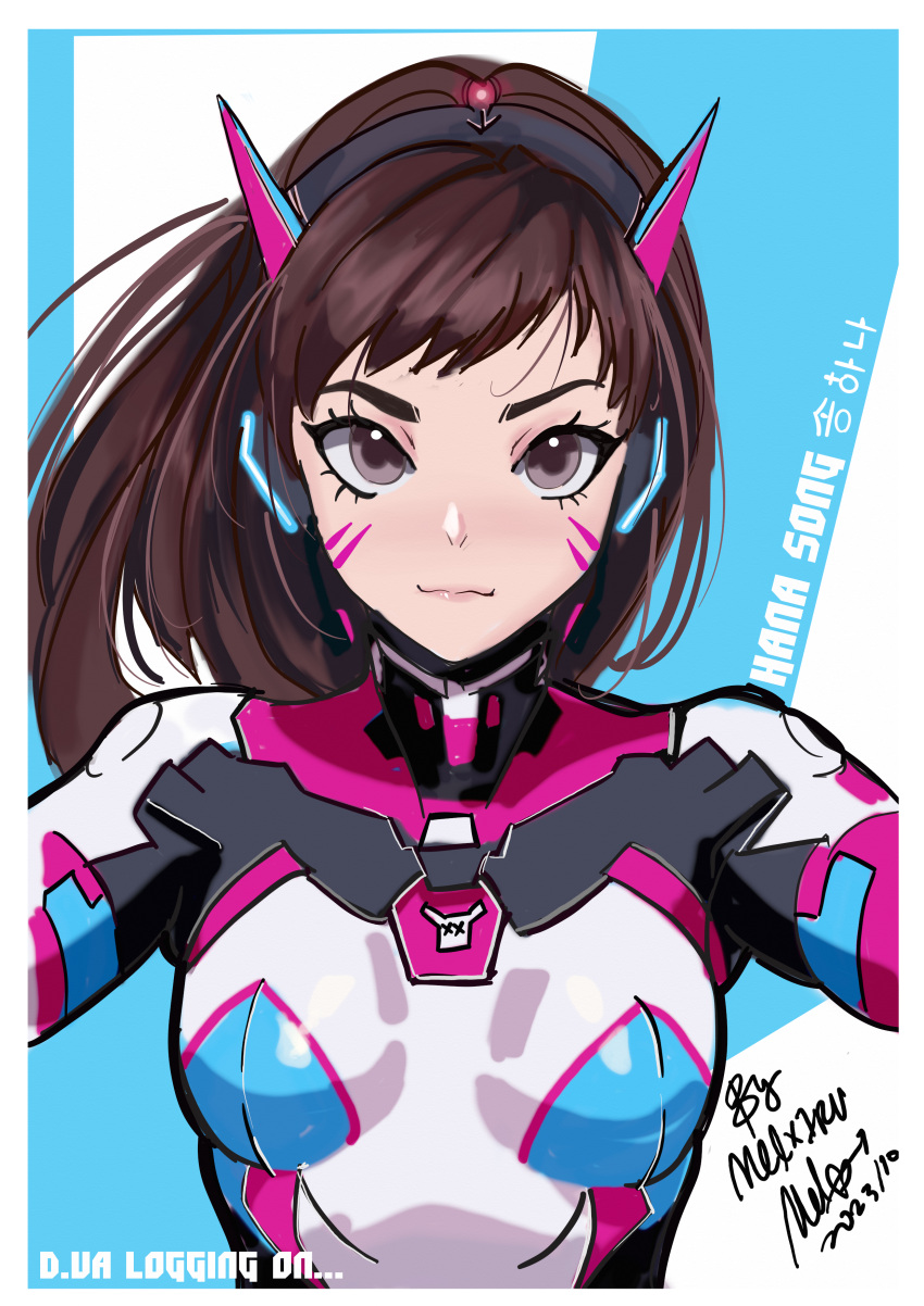 1girl, absurdres, artist_name, blue_bodysuit, bodysuit, breasts, brown_eyes, brown_hair