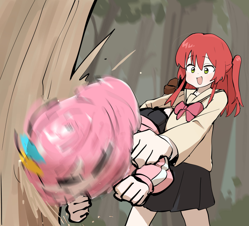 2girls, absurdres, black_skirt, bocchi_the_rock!, brown_footwear, carrying, chainsaw, clenched_hands