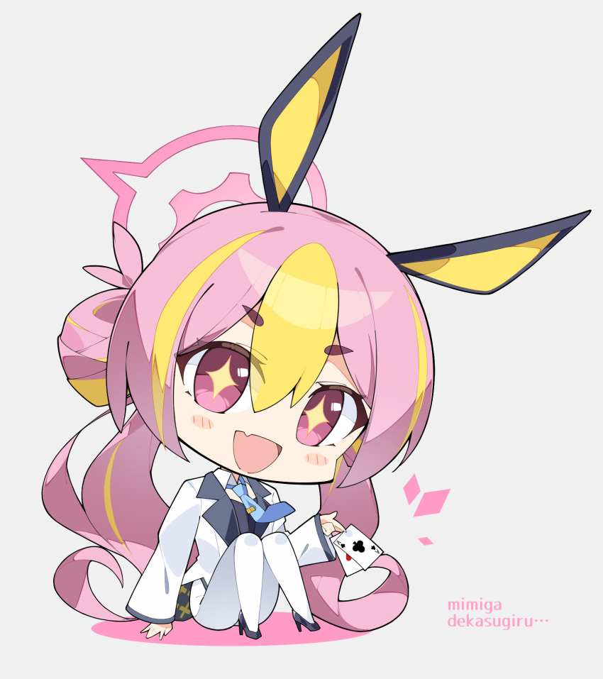 +_+, 1girl, animal_ears, applepie_1201, black_footwear, blonde_hair, blue_archive, blue_necktie, blush_stickers, card, coat, fake_animal_ears, fang, full_body, hair_between_eyes, halo, high_heels, highres, holding, holding_card, koyuki_(blue_archive), long_hair, long_sleeves, necktie, open_mouth, pantyhose, pink_eyes, pink_hair, pink_halo, rabbit_ears, simple_background, skin_fang, smile, solo, white_background, white_coat, white_pantyhose
