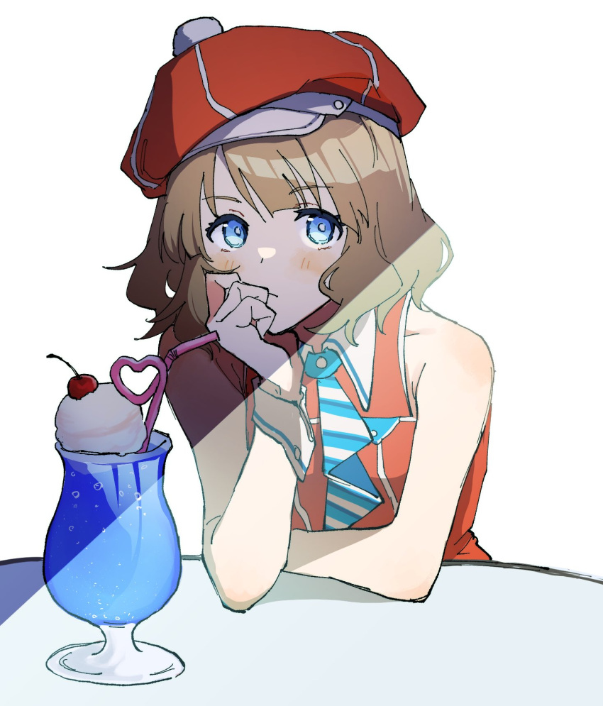 1girl, blue_eyes, blue_necktie, blush, brown_hair, cherry, commentary, diagonal-striped_necktie