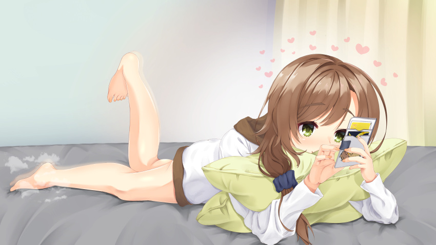 1girl, absurdres, barefoot, black_scrunchie, blush, cellphone, commentary_request, commission