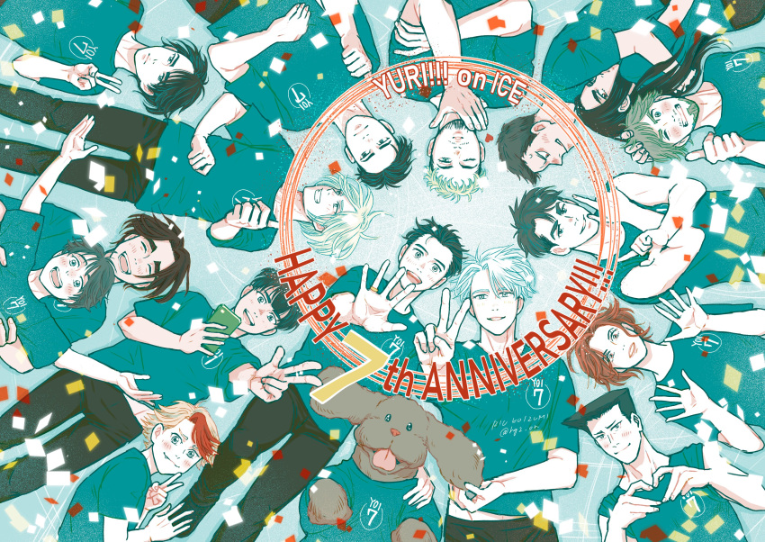 2girls, 6+boys, ^_^, absurdres, anniversary, beard, black_hair, blonde_hair