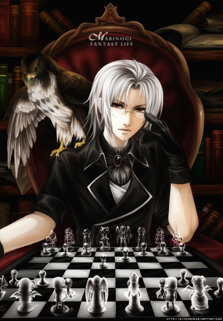 adjusting_glasses, albino, bird, bird_on_shoulder, book, chess, formal, glasses