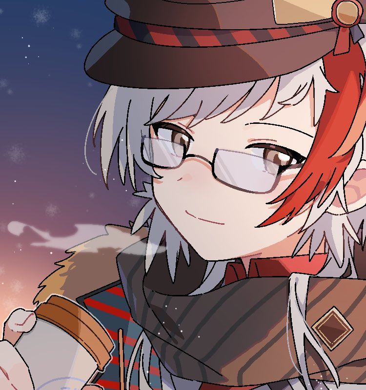 1boy, arknights, bespectacled, brown_headwear, brown_scarf, coat, coffee_cup, commentary