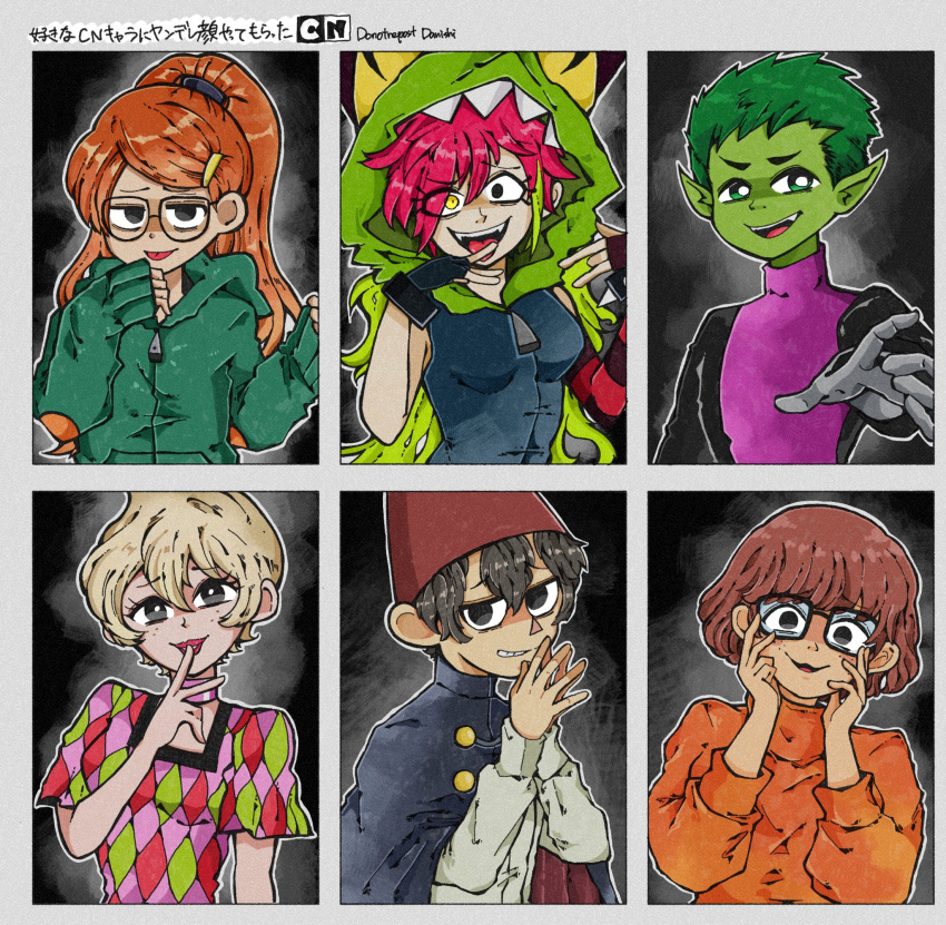 argyle, argyle_shirt, artist_name, beast_boy_(dc), black_cloak, black_eyes, black_hair, blonde_hair