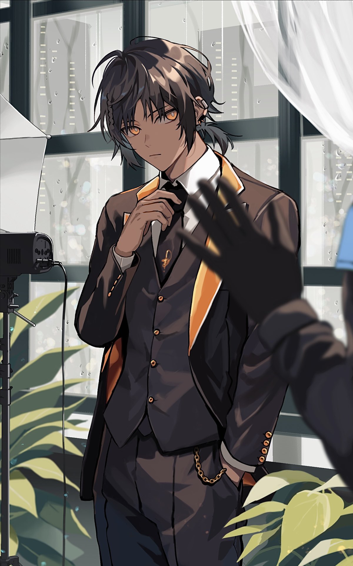 1boy, 1other, adjusting_clothes, against_window, alternate_costume, arknights, black_gloves, black_hair, black_necktie, black_pants, black_suit, blurry, blurry_foreground, buttons, camera, cityscape, collared_shirt, commentary, curtains, dark-skinned_male, dark_skin, doctor_(arknights), earclip, formal, frown, gloves, highres, hishoti_cheese, looking_at_another, necktie, orange_eyes, pants, plant, rain, reflector_(photography), shirt, short_hair, short_ponytail, solo_focus, suit, thorns_(arknights), vest, water_drop, white_shirt, window