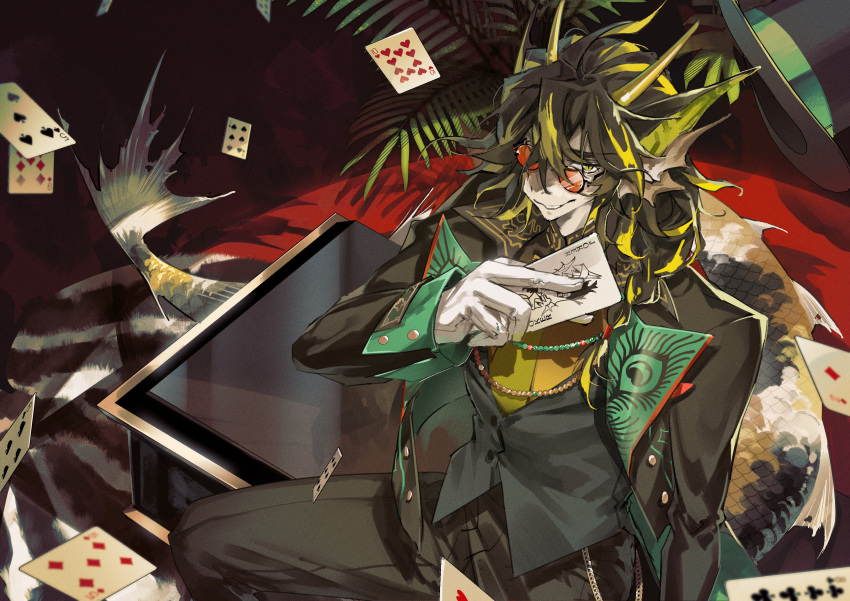 1boy, absurdres, ace_(playing_card), ace_of_diamonds, arknights, black_background, black_hair, black_jacket, black_pants, black_vest, blonde_hair, card, commentary, desk, diamond_(shape), eight_of_clubs, english_commentary, feet_out_of_frame, fins, fish_boy, fish_tail, five_of_diamonds, five_of_spades, four_of_spades, furry, furry_male, gloves, hair_between_eyes, hat, head_fins, highres, holding, holding_card, jacket, jewelry, joker_(playing_card), lee_(arknights), lee_(trust_your_eyes)_(arknights), long_sleeves, looking_at_viewer, male_focus, multicolored_hair, muzzle, necklace, official_alternate_costume, orange-tinted_eyewear, pants, playing_card, rug, seven_of_diamonds, shidare_(youh4016), shirt, simple_background, six_of_spades, smile, solo, spread_legs, streaked_hair, sunglasses, tail, ten_of_hearts, tinted_eyewear, top_hat, vest, white_gloves, yellow_eyes, yellow_shirt