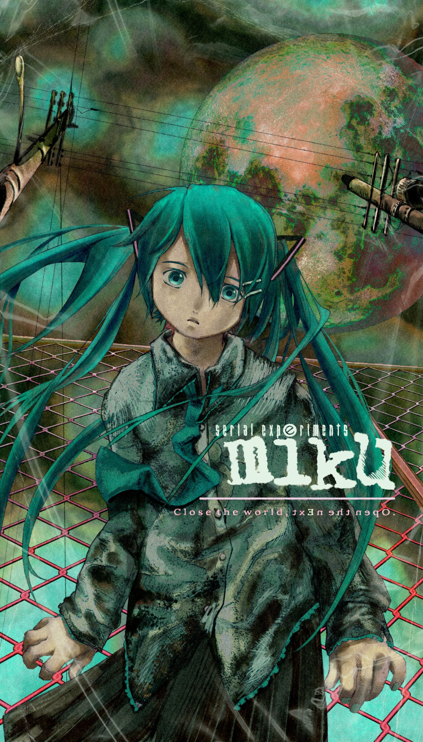 1girl, absurdres, aqua_eyes, aqua_hair, black_skirt, chain-link_fence, expressionless, fence, from_below, hair_between_eyes, hatsune_miku, highres, horror_(theme), looking_at_viewer, moon, n00dlesandwitch, necktie, parody, power_lines, serial_experiments_lain, skirt, solo, standing, utility_pole, vocaloid