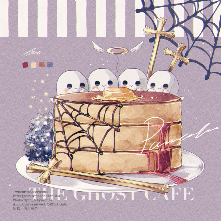 angel_wings, blue_eyes, blush_stickers, bush, chocolate_syrup, closed_mouth, commentary, cross