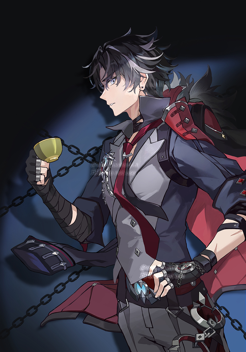 1boy, artist_name, bandaged_arm, bandaged_neck, bandages, belt, black_gloves, black_hair