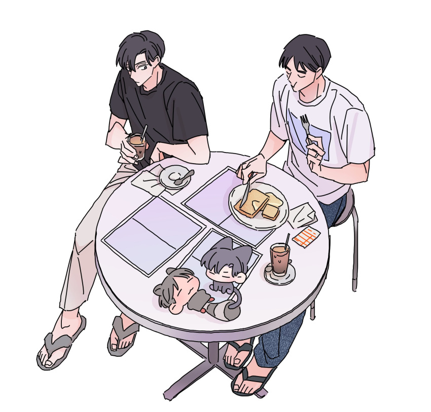 2boys, animal, animalization, black_hair, black_shirt, cat, character_request, closed_eyes