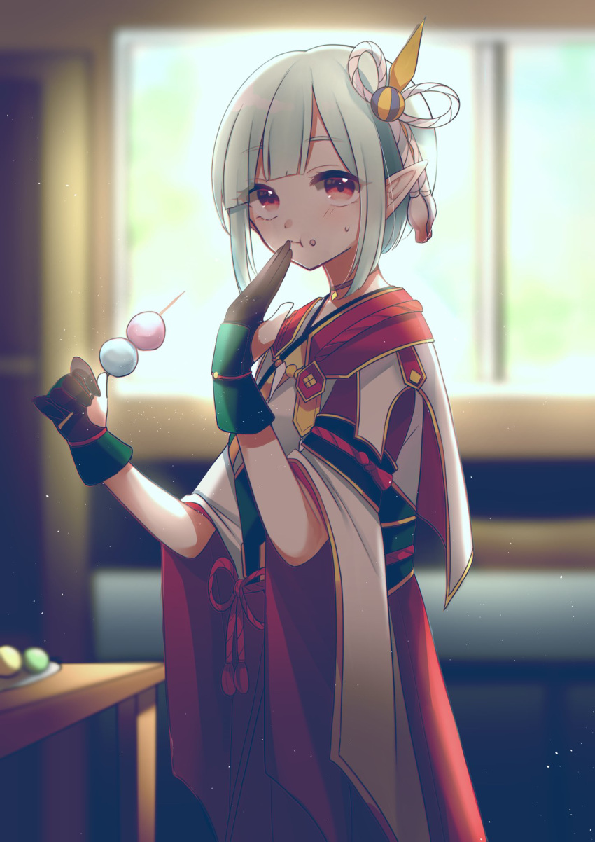 1girl, black_gloves, cosplay, dango, ena_(monster_hunter), food, food_in_mouth, food_on_face