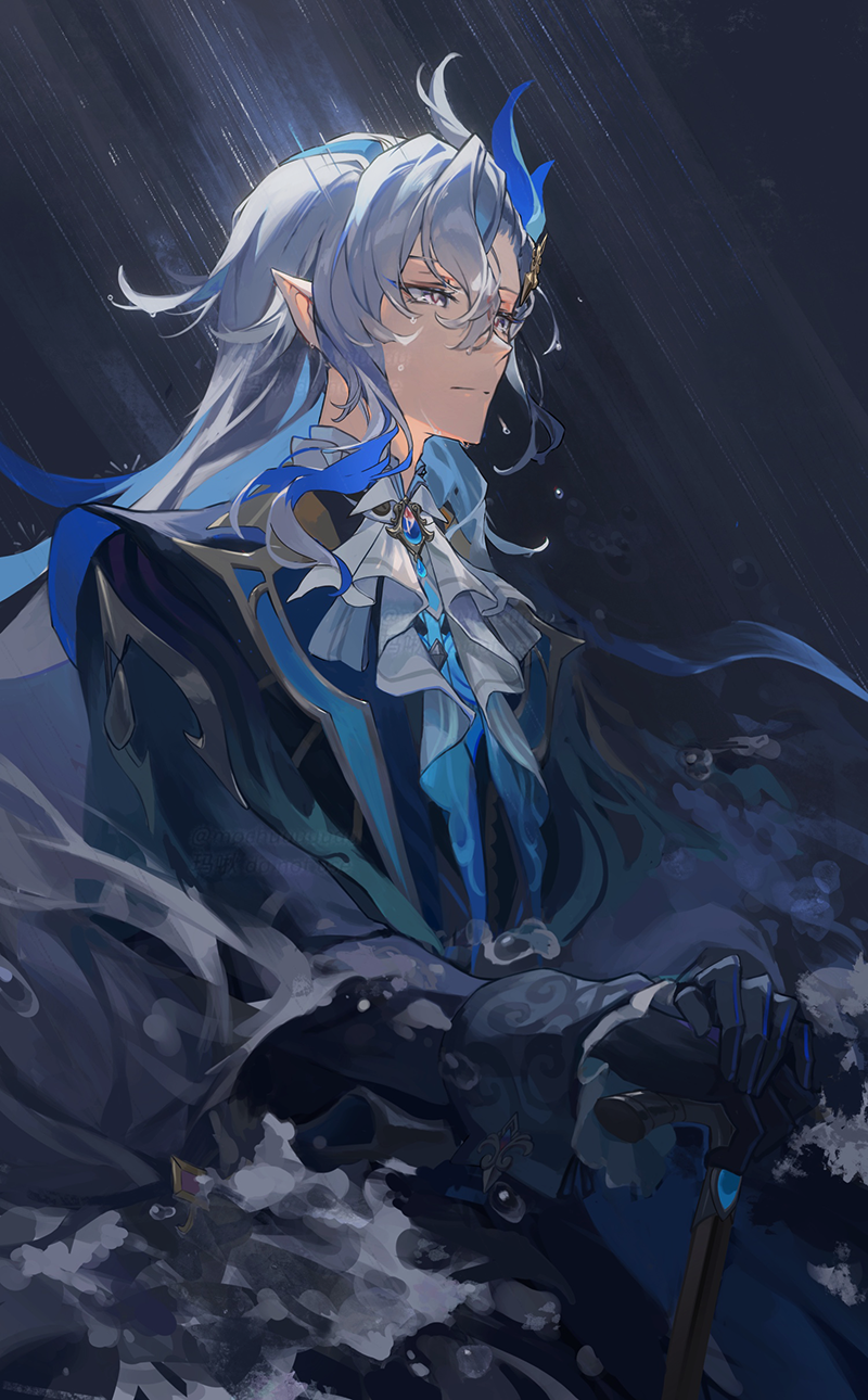 1boy, ascot, black_gloves, black_ribbon, blue_coat, blue_hair, brooch, cane, chinese_commentary, closed_mouth, coat, commentary_request, expressionless, eyelashes, floating_hair, frilled_sleeves, frills, genshin_impact, gloves, gold_trim, hair_between_eyes, hair_ornament, hair_ribbon, highres, holding, holding_cane, jewelry, lapels, long_hair, long_sleeves, low-tied_long_hair, male_focus, mochuuuuuuu, multicolored_hair, neuvillette_(genshin_impact), outdoors, overcast, parted_bangs, pointy_ears, rain, ribbon, sky, sleeve_cuffs, solo, split_mouth, streaked_hair, very_long_hair, violet_eyes, water, wet, white_ascot, white_hair