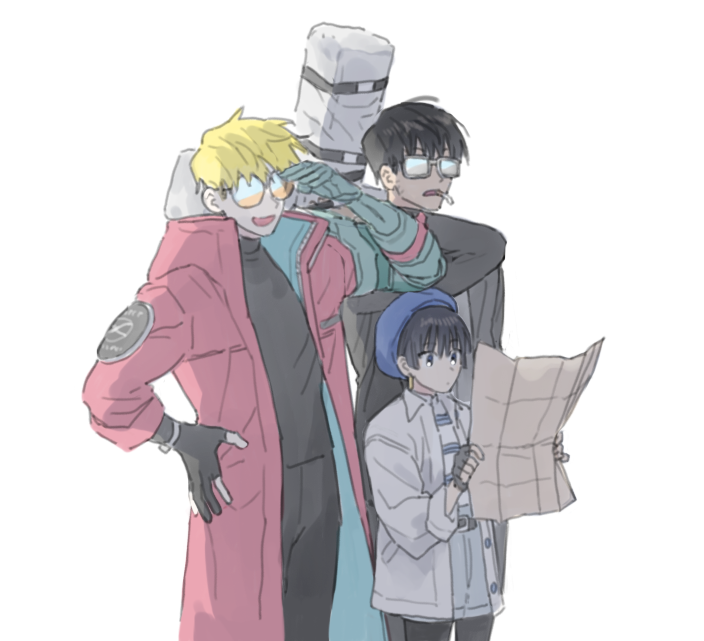 1girl, 2boys, black_hair, blonde_hair, coat, cross, emolior_(1000mean), fingerless_gloves