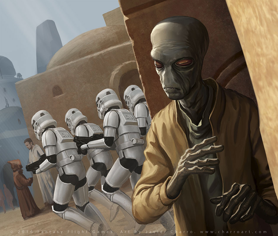 6+boys, alien, armor, artist_name, brown_hair, brown_robe, building, day, duros, english_text, gun, holding, holding_gun, holding_weapon, javier_charro, jawa, looking_at_another, looking_to_the_side, multiple_boys, outdoors, red_eyes, robe, short_hair, star_wars, stormtrooper, tatooine, town, watermark, weapon, web_address