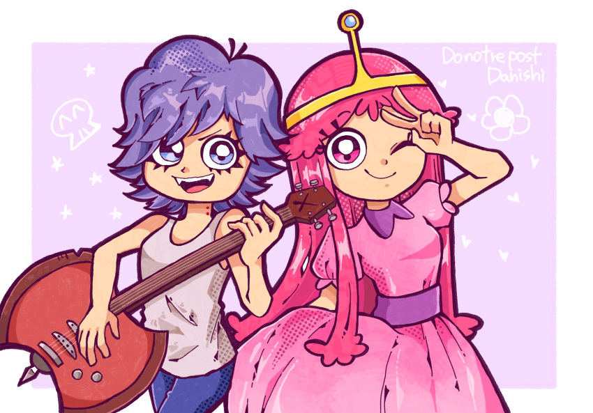2girls, adventure_time, ami_onuki, artist_name, axe, battle_axe, blue_eyes, blue_hair