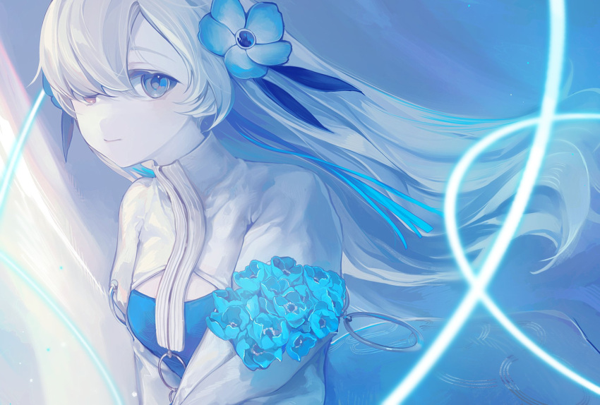 1girl, blue_eyes, blue_flower, blue_hair, dress, flower, heterochromia, highres
