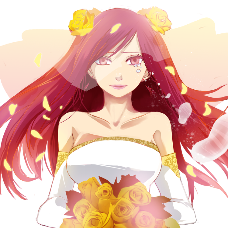 dress, earrings, erza_scarlet, fairy_tail, flower, gloves, jewelry, lemonlait, long_hair, red_eyes, red_hair, redhead, smile, tears, wedding, wedding_dress
