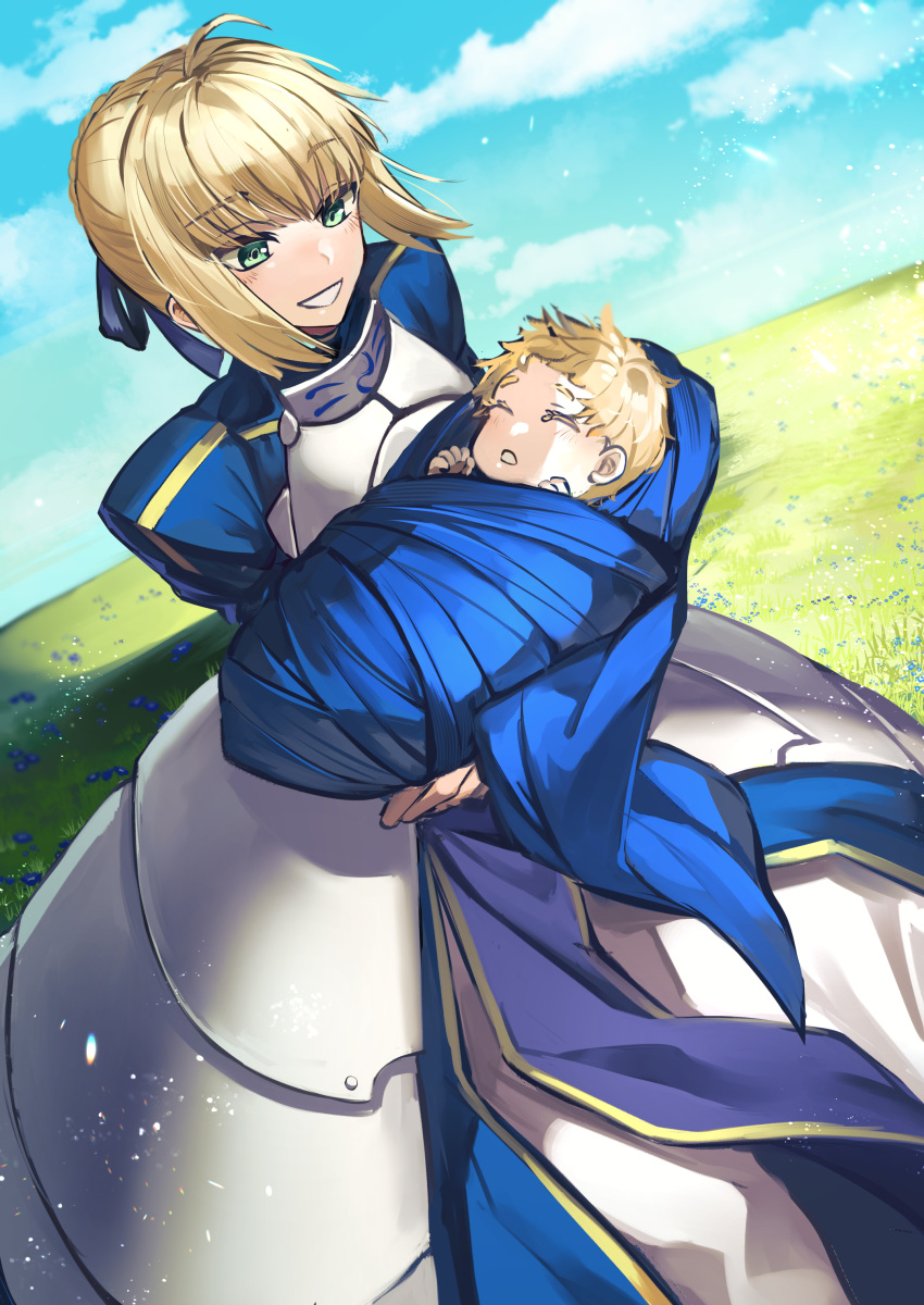 1boy, 1girl, absurdres, ahoge, armor, artoria_pendragon_(fate), baby, blonde_hair