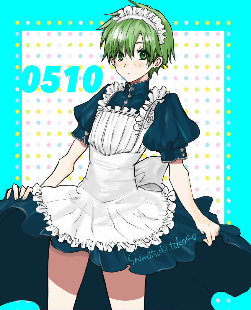 1boy, apron, crossdressing, dress, fire_emblem, fire_emblem:_shadow_dragon, gordin_(fire_emblem), green_eyes, green_hair, highres, jrg_tokage, looking_at_viewer, maid_apron, maid_headdress, male_focus, solo, turtleneck, upper_body