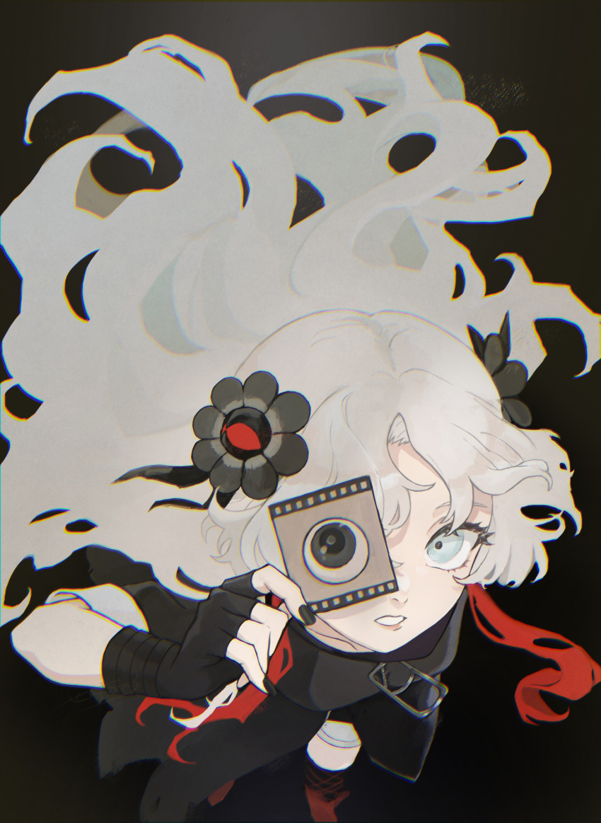 1girl, black_background, black_coat, black_flower, coat, covering_one_eye, eyeball, fingerless_gloves, flower, from_above, gloves, grey_hair, hair_flower, hair_ornament, highres, isekai_joucho, kamitsubaki_studio, long_hair, looking_at_viewer, multicolored_hair, parted_lips, redhead, sencharotte, single_fingerless_glove, solo, two-tone_hair, virtual_youtuber