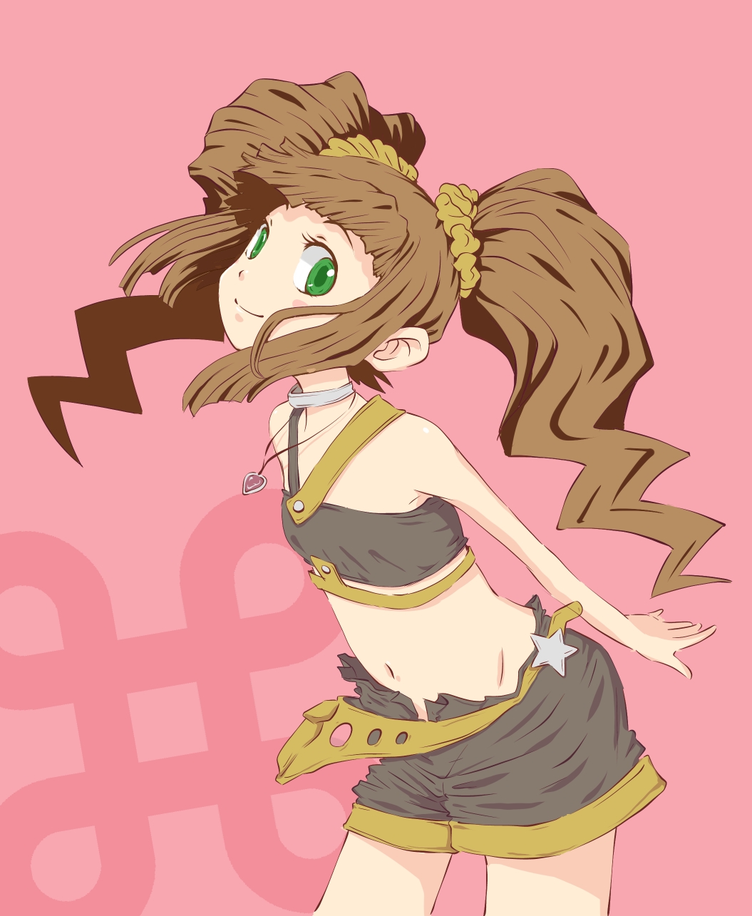 bare_shoulders, blush_stickers, brown_hair, green_eyes, highres, idolmaster, midriff, navel