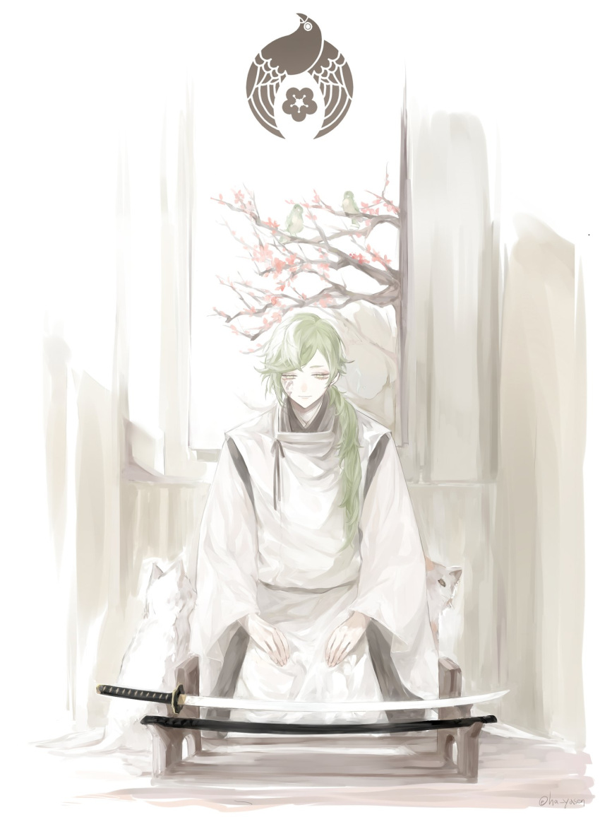 1boy, black_kimono, cat, full_body, green_eyes, green_hair, ha_yasen, hair_over_one_eye