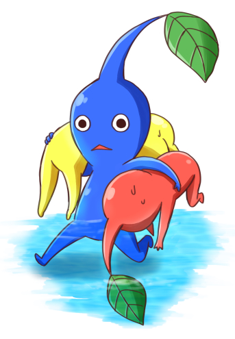 black_eyes, blue_pikmin, blue_skin, colored_skin, commentary_request, holding, leaf, lowres
