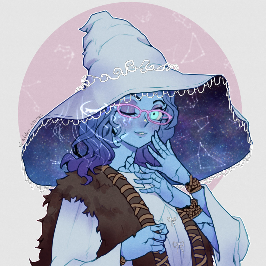1girl, aqua_eyes, blue_hair, blue_skin, blush, brown_cloak, cloak, colored_skin