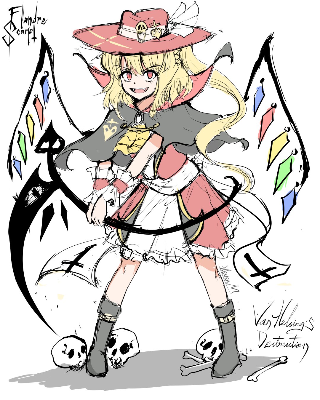 1girl, alternate_costume, black_capelet, black_footwear, blonde_hair, boots, capelet, character_name, crystal, dress, fang, fangs, flandre_scarlet, frilled_dress, frills, full_body, hat, hat_ornament, hat_ribbon, highres, holding, holding_weapon, laevatein_(touhou), looking_at_viewer, mikairu_heven, red_dress, red_eyes, red_headwear, ribbon, side_ponytail, simple_background, sketch, skull, skull_hat_ornament, slit_pupils, smile, solo, touhou, weapon, white_background, wings