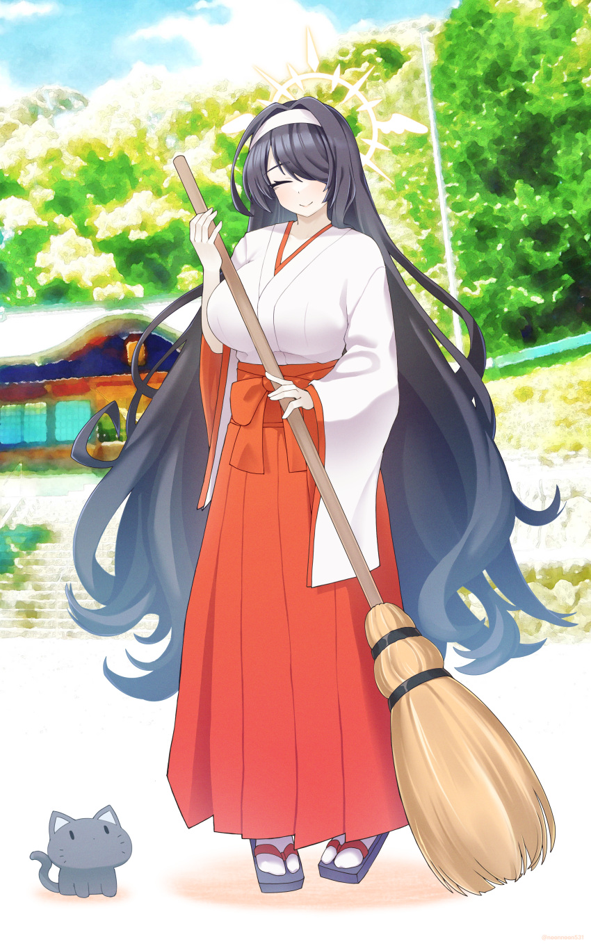 1girl, absurdres, black_hair, blue_archive, breasts, broom, cat, closed_eyes