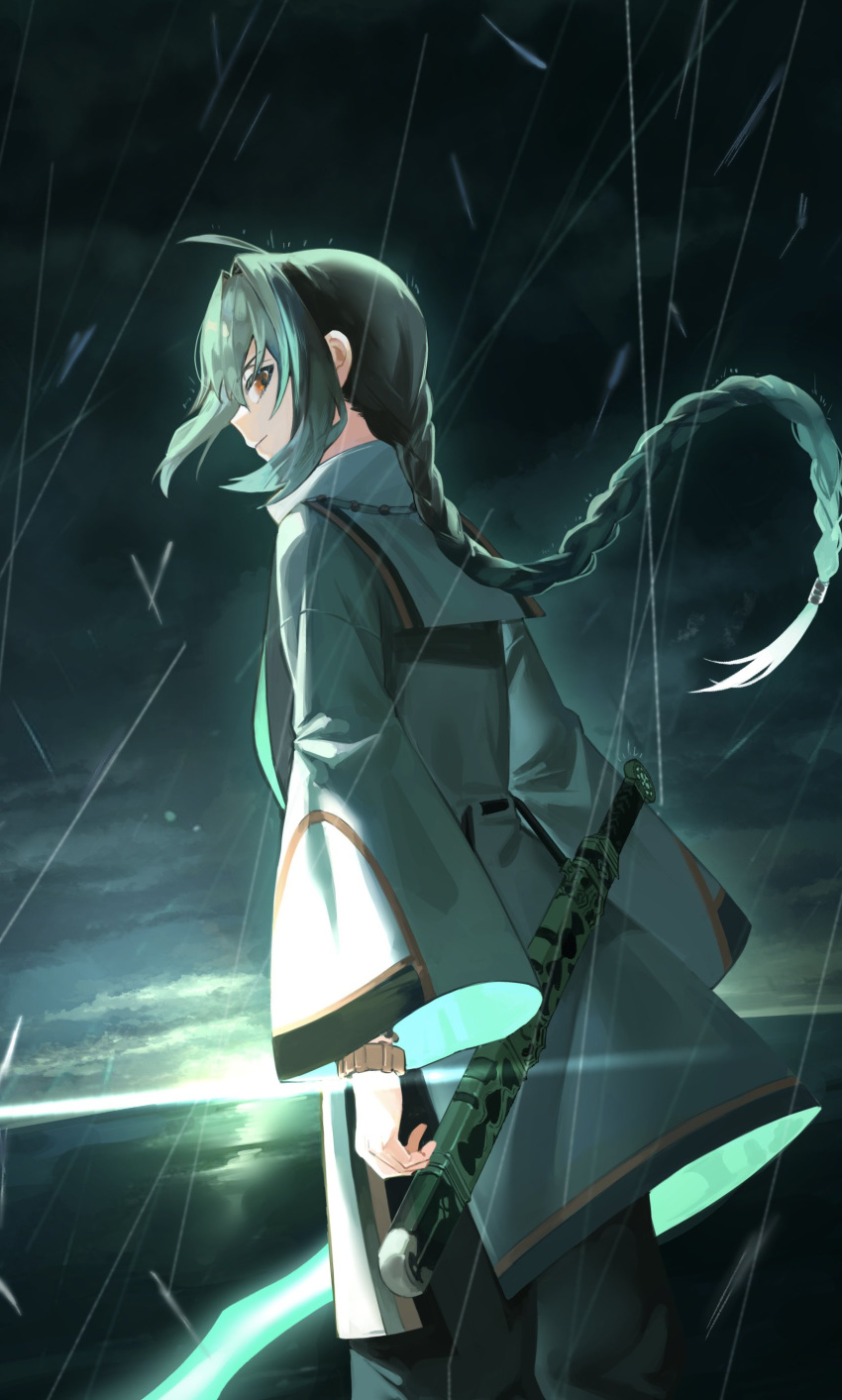 1other, absurdres, ahoge, androgynous, black_hair, black_pants, braid, braided_ponytail