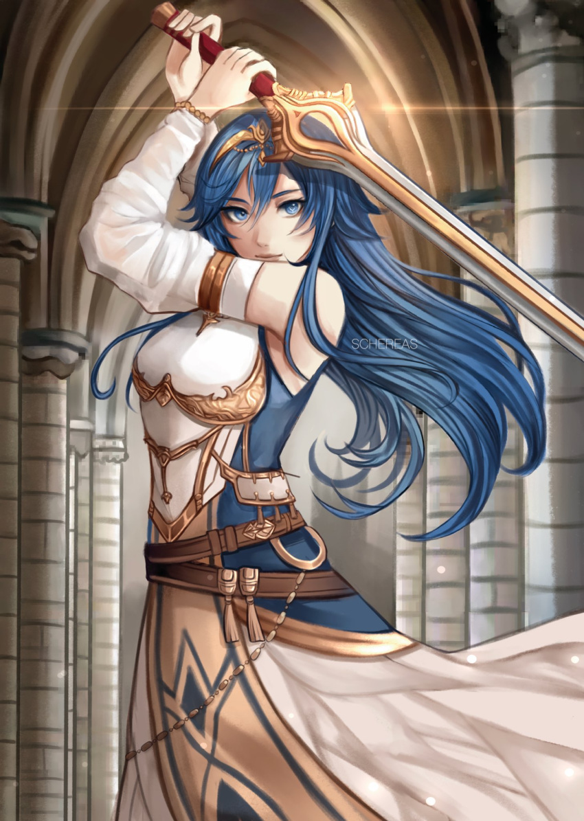 1girl, armor, armored_dress, artist_name, belt, blue_dress, blue_eyes, blue_hair