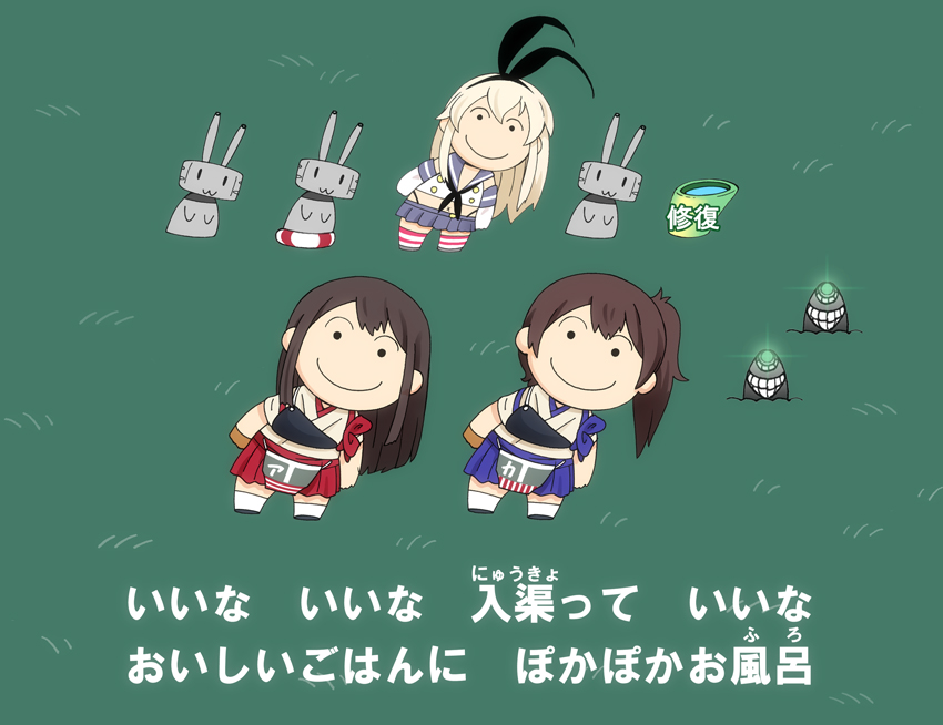 3girls, :3, abyssal_ship, akagi_(kancolle), apron, black_hairband, black_panties, blonde_hair