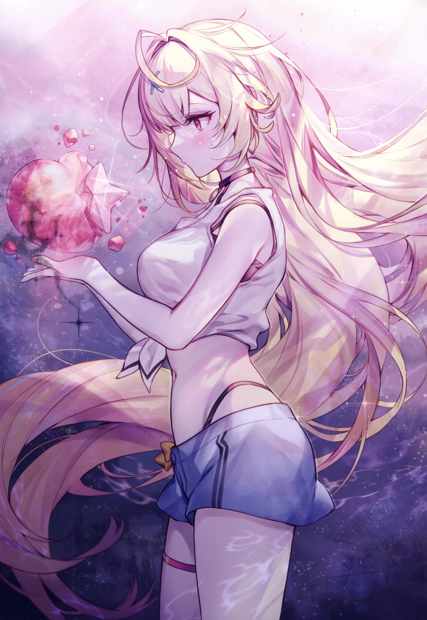 1girl, absurdres, bare_shoulders, black_choker, blonde_hair, blue_shorts, breasts, choker