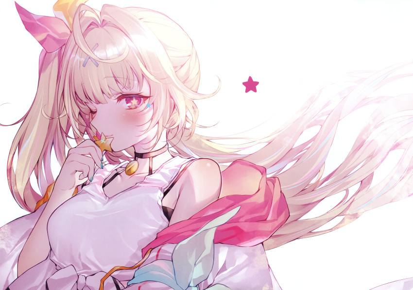 1girl, absurdres, bare_shoulders, black_choker, blonde_hair, blue_shorts, breasts, choker