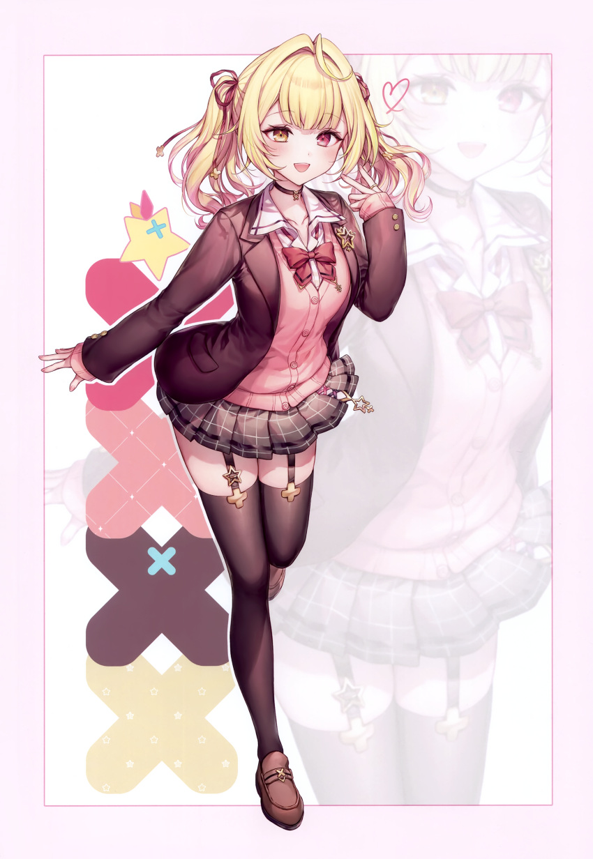 1girl, absurdres, black_choker, black_garter_belt, black_thighhighs, blonde_hair, bow, bowtie