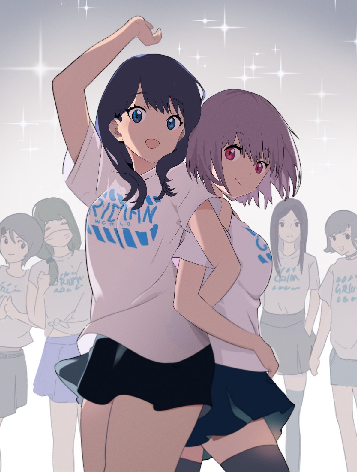 anniversary, black_hair, black_skirt, blue_eyes, blush, breasts, brown_hair, gridman_universe